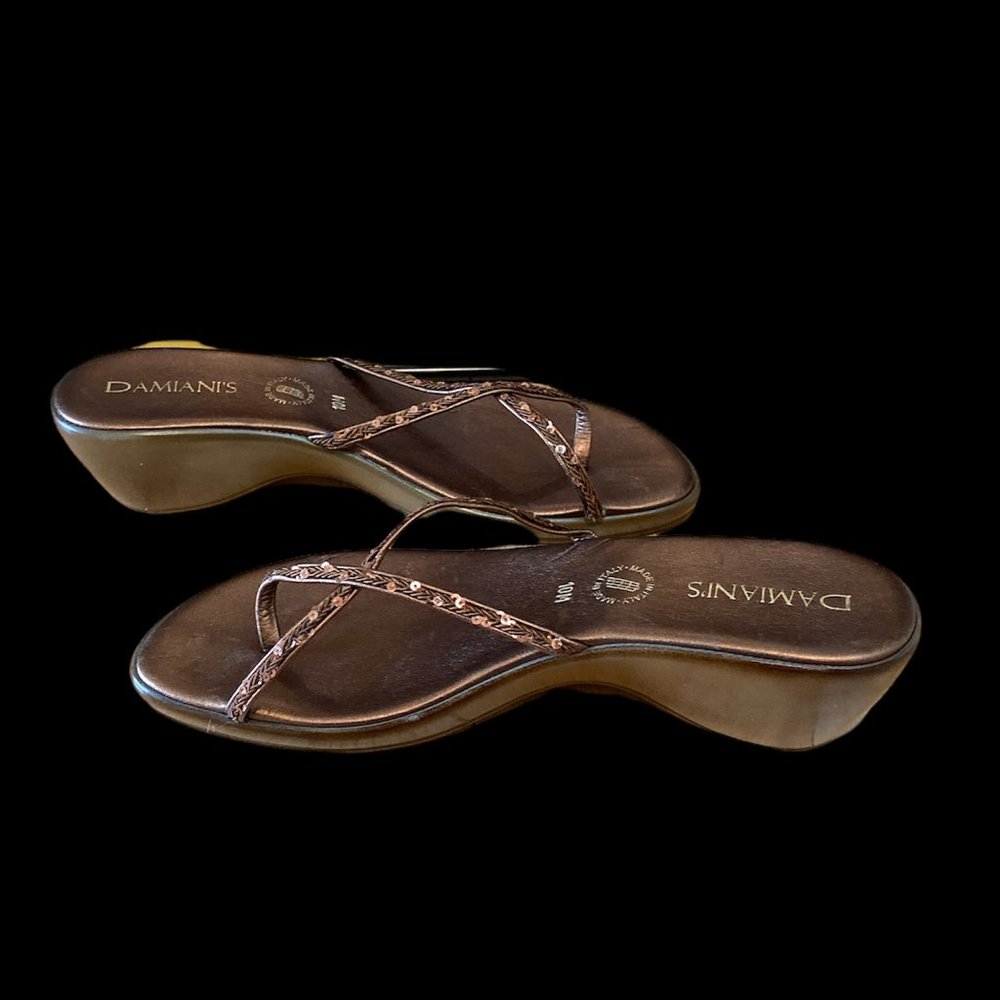 Damiani's Italian Sequin Crossover Toe Strap Slip On Sandals Wedge Heels Sz 10M
